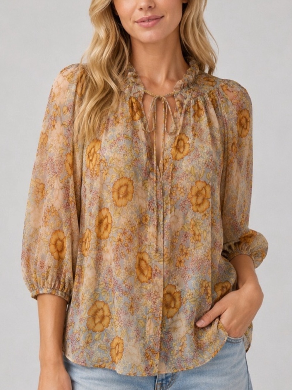 MLM Label 100% Silk Floral Peasant Blouse XS Tie Neck Elbow Sleeve 25936